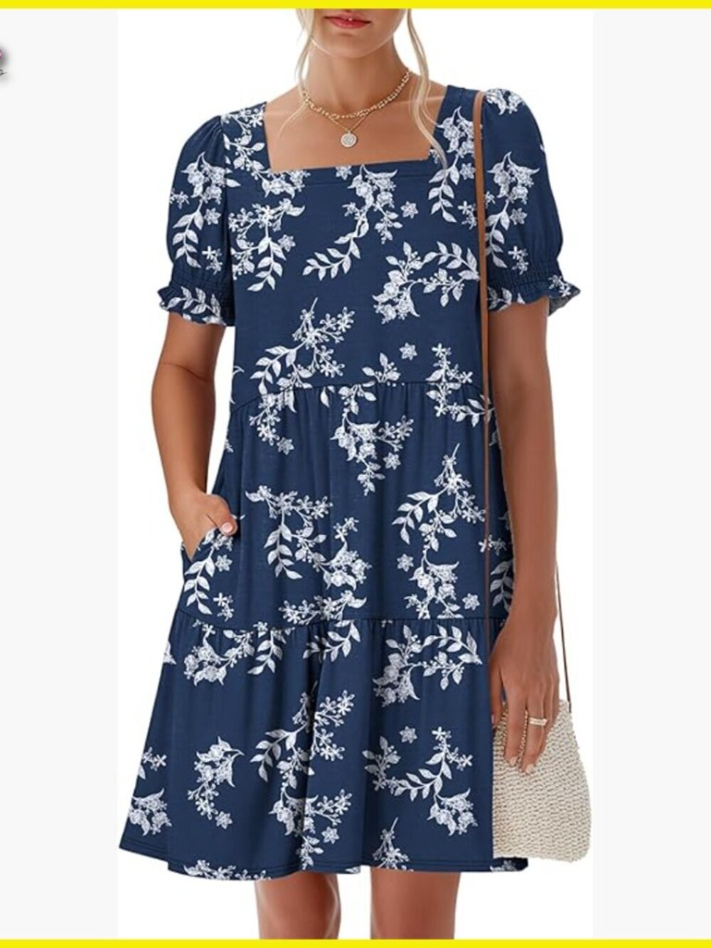Square Neck Puff Sleeve Mini Dress Casual Flowy Sundress with Pockets